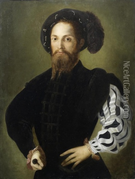 Portrait Of A Gentleman, Half-length, In Black Costume And A Black Plummed Hat Oil Painting - Nicolo dell' Abbate