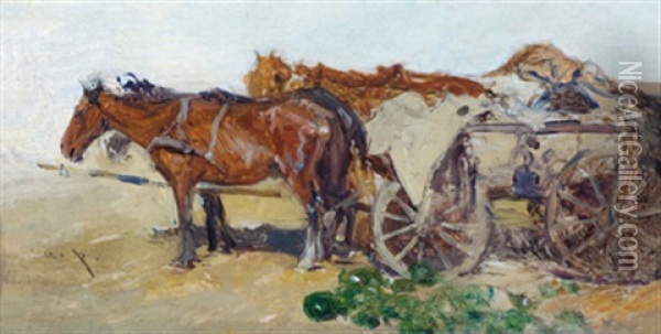 Pferdefuhrwerk Am Markt Oil Painting - August Xaver Carl von Pettenkofen