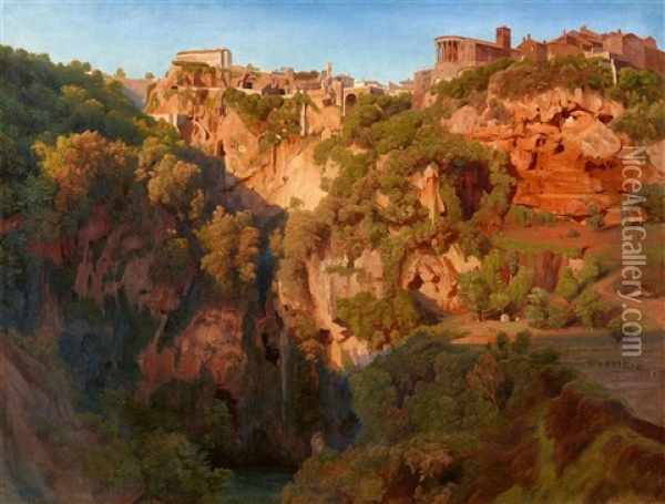 The Waterfalls At Tivoli With The Ponte Lupo, Temple Of Vesta, And Temple Of Sibyl Oil Painting - Ernst Fries
