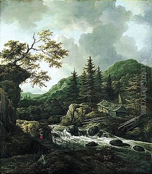 A Torrent In A Scandinavian Wooded Landscape With A Peasant Crossing A Wooden Bridge And Cottages On The Far Bank Of The River Oil Painting - Jacob Van Ruisdael