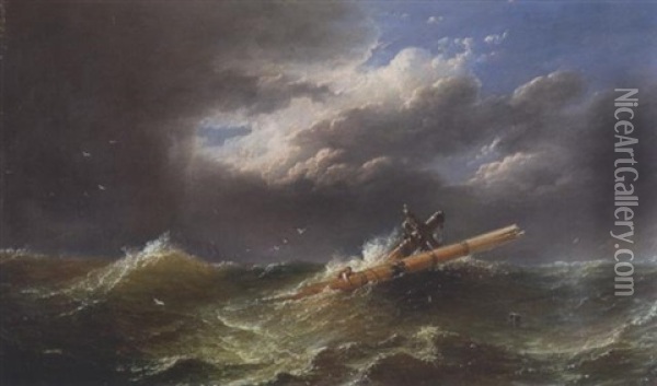 Schiffbruch: Ein Junger Mann Klammert Sich Bei Sturmischer See An Den Aus Den Wogen Ragenden Mast Oil Painting - Johan Christian Dahl