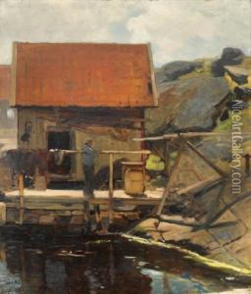 Man On Jetty, Svinaer 1883 Oil Painting - Oscar Wergeland