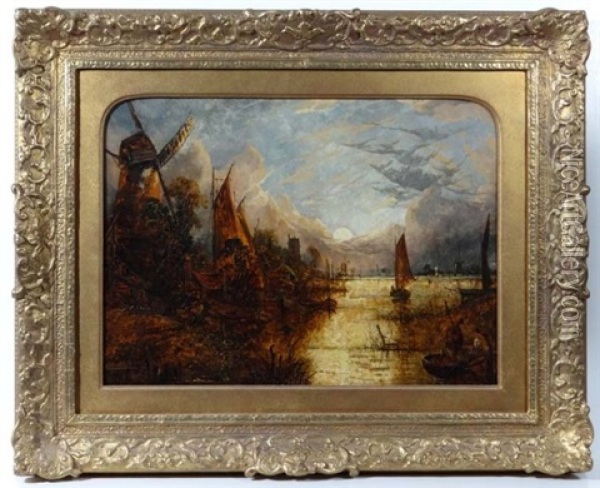 A Romantic East Anglian River Scene By Moonlight Oil Painting - Joseph Paul