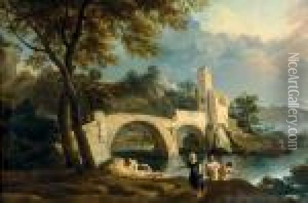 Paysage Anime Au Pont Oil Painting - Jean-Baptiste Pillement