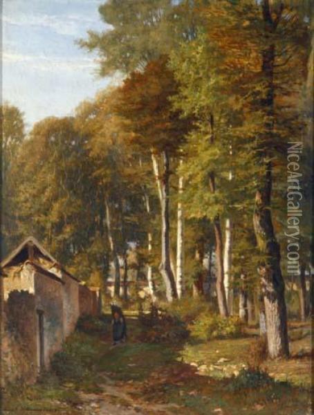 Reisigsammlerinin Einem Sonnendurchfluteten Herbstwald Oil Painting - Francois Auguste Ortmans