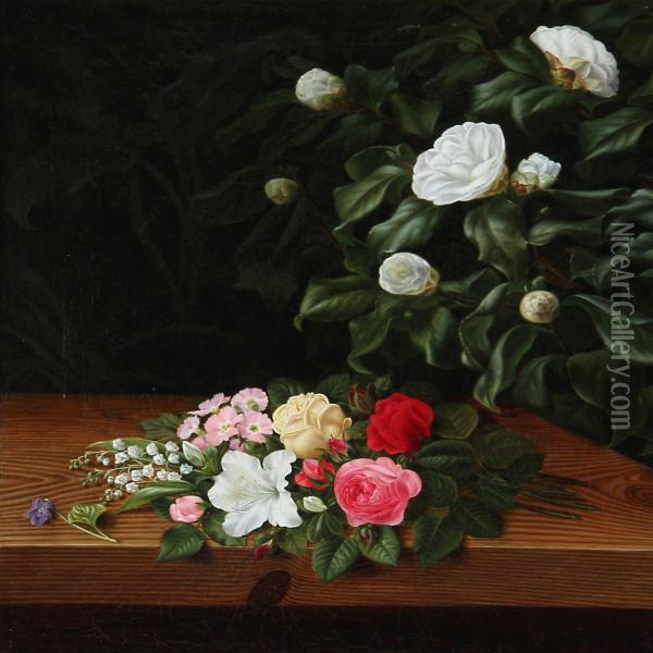Flower Bouquet On A Sill At A White Camillia Bush And Elephant Ear Oil Painting - I.L. Jensen