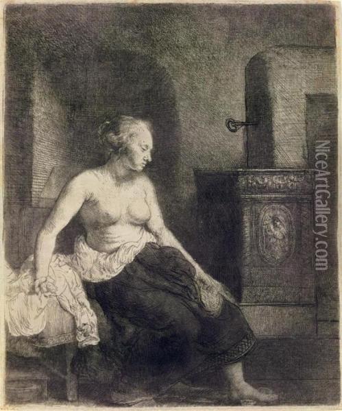 A Woman Sitting Half-dressed Beside A Stove Oil Painting - Rembrandt Van Rijn