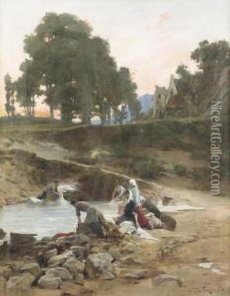 Wascherinnen An Einem Teich. Oil Painting - Lionel Noel Royer