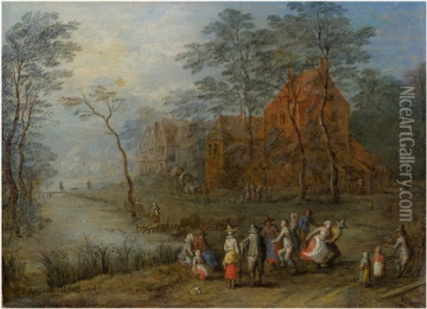 Dancing Peasants On The Village Road Oil Painting - Joseph van Bredael