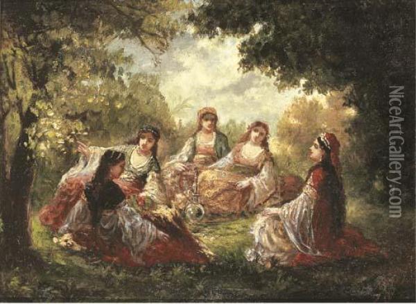 Cinq Orientales Fumant Le Narguile Sous Les Arbres Dans Un Jardin Oil Painting - Narcisse-Virgile D Az De La Pena