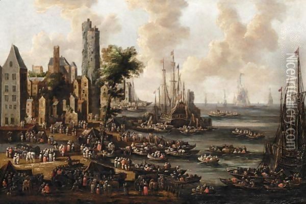 A Harbour Scene With Figures Unloading Their Wares From Boats Oil Painting - Pieter Casteels