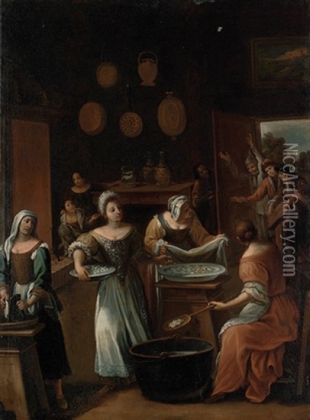 The Gnocchi Bakery, The Interior Of A Kitchen With Women Preparing Gnocchi Oil Painting - Antonio Mercurio Amorosi