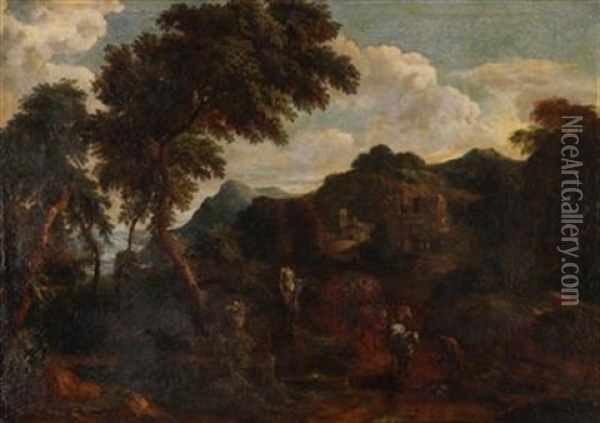 Italienische Landschaft Mit Antiken Ruinen Und Reisenden Vor Einer Stadtkulisse Oil Painting - Jan Frans van Bloemen