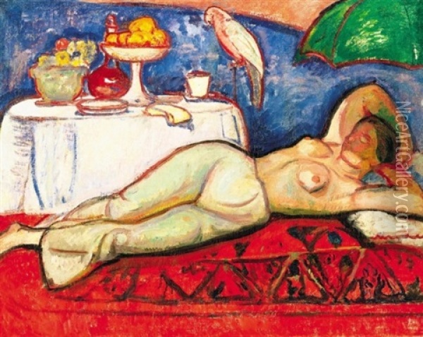 Akt Papagajjal (nude With Parrot) Oil Painting - Bela Ivanyi Gruenwald