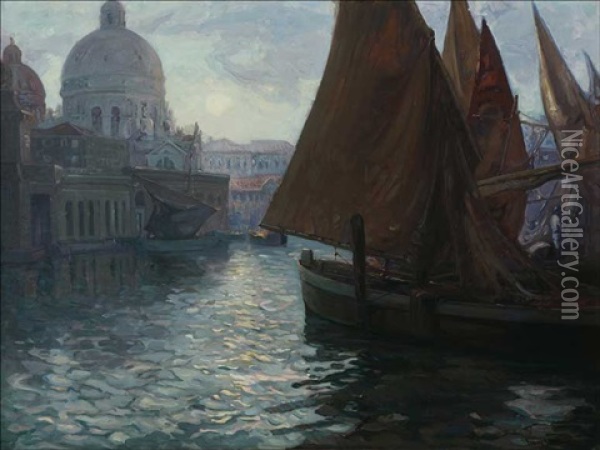 Venice, Italy Harbor Oil Painting - Franz Arthur Bischoff