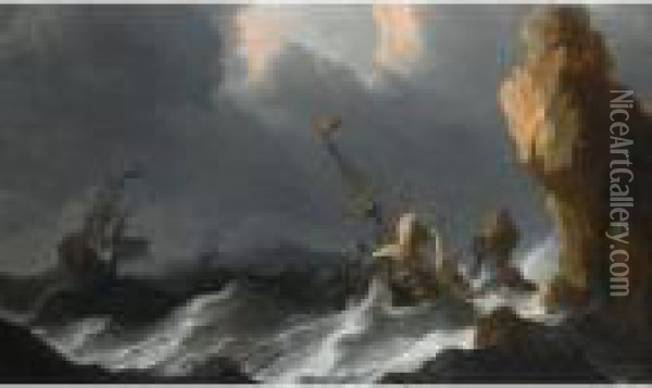 A Shipwreck In A Heavy Storm Along A Rocky Coast Oil Painting - Aernout Smit