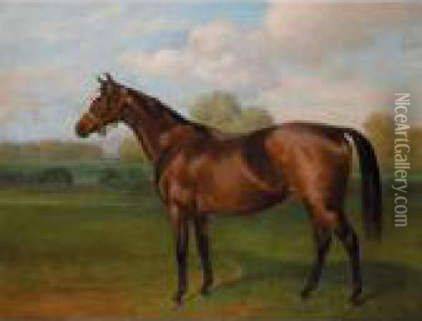 Priestess, A Bay Filly In A Landscape Oil Painting - Emil Adam