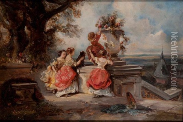 Enfants Et Vasques De Fleurs Dans Un Parc Oil Painting - Louis-Gabriel-Eugene Isabey
