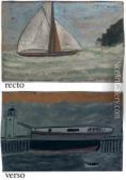 Yacht (recto); Mastless Boat, Dinghy And Lighthouse (verso) Oil Painting - Alfred Wallis