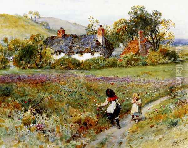 Children Playing On A Path, Cottages Beyond Oil Painting - William Stephen Coleman