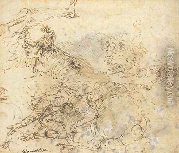 A figure falling from a horse and studies of heads Oil Painting - Salvator Rosa