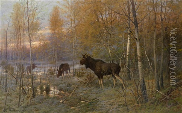 Elks In The Forest Oil Painting - Efim A. Tikhmenev