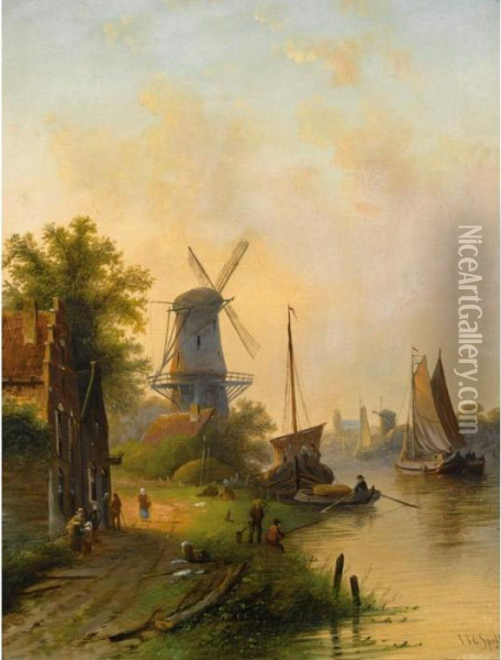 A River Landscape With A Windmill; Skaters On A Frozen River (a Pair) Oil Painting - Jan Jacob Coenraad Spohler