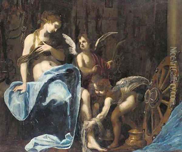 Saint Catherine of Alexandria tended by putti Oil Painting - Simone Pignoni
