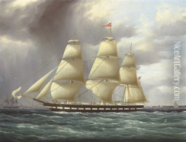 The American Full-rigger "kennebec" Leaving New York Harbor, With Castle William And Castle Garden Beyond Oil Painting - James Edward Buttersworth