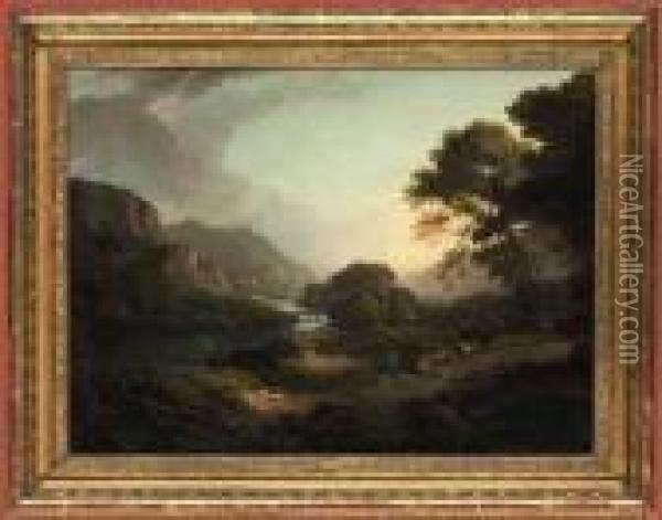 A Highland River Landscape With Figures On A Bridge Oil Painting - Alexander Nasmyth