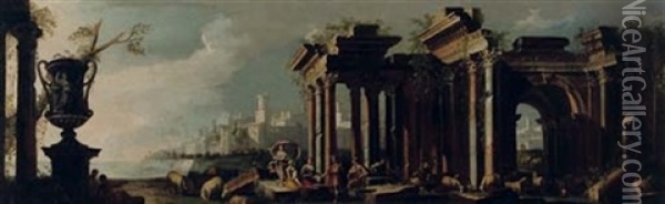 A Capriccio View Of An Italianate Coast With Figures Conversing Among Ancient Ruins, A Harbour Town Beyond Oil Painting - Viviano Codazzi