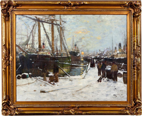 Harbour, Winter Oil Painting - James Kay