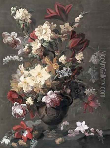 Flowers in a Vase standing on a Ledge Aries Oil Painting - Mary Moser