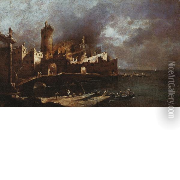 Incendio Di Un Castello Sulla Riva Del Mare Oil Painting - Francesco Guardi