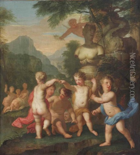 A Classical Landscape With Putti Celebrating Beneath A Bust Of Venus Oil Painting - Matthaeus (Arent) Terwesten