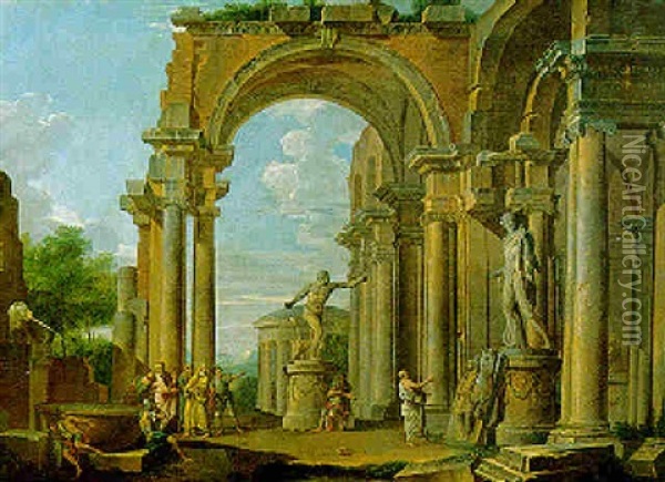 Capriccio Architettonico Con Il Guerriero Di Agasias E L'apollo Del Belvedere Oil Painting - Francesco Panini