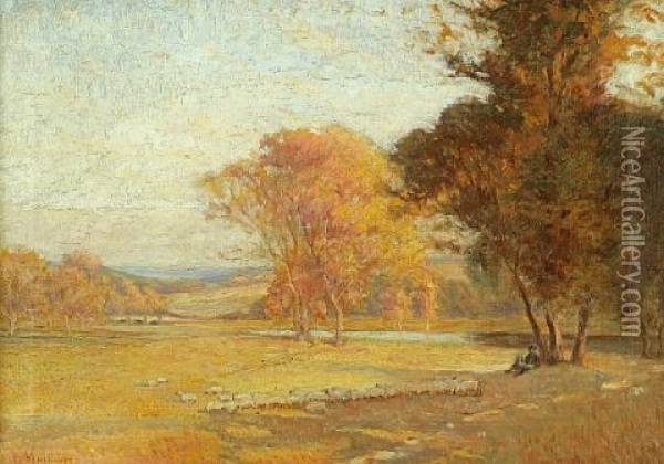 Shepherd And Flock In Autumn Oil Painting - Frederick J. Mulhaupt