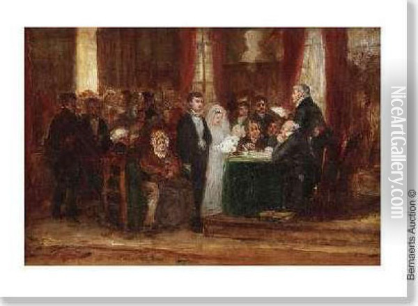 'un Mariage Civil' Etude A L'huile Sur Toile. Oil Painting - Leon Danseart