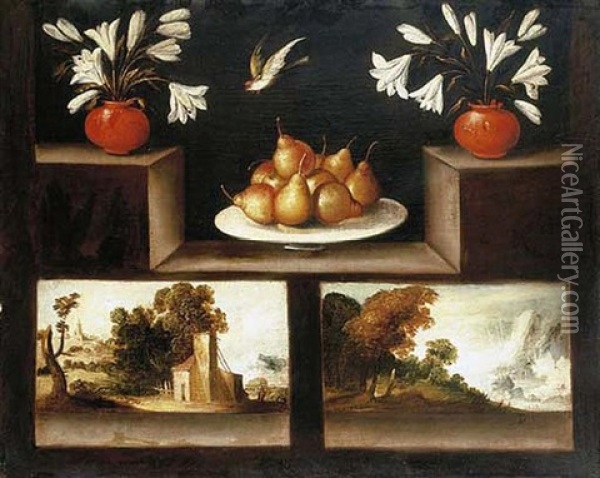 Two Vases Of White Lilies, Pears In A Porcelain Dish And Two Landscape Paintings On A Stone Ledge Oil Painting - Francisco Barrera