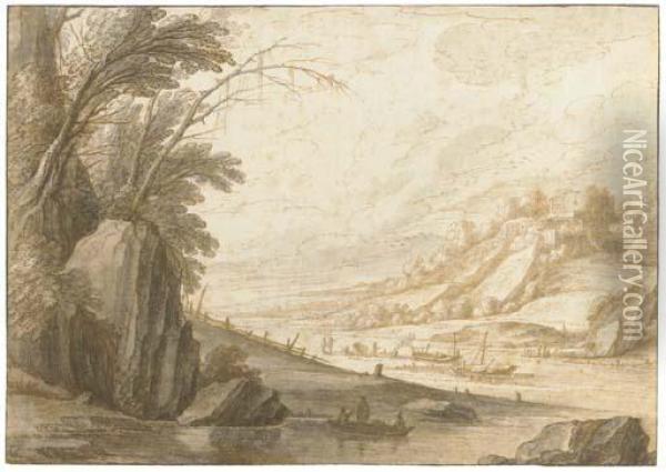 An Extensive Landscape With Fishermen On A Broad River, A Ruined Castle Beyond Oil Painting - Maerten De Cock