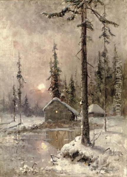 A Winter Scene With Snow-capped Cottages Oil Painting - Iulii Iul'evich (Julius) Klever