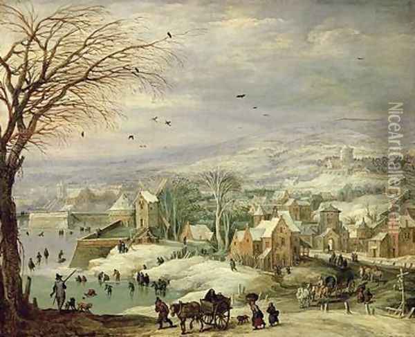 Village Landscape in Winter 1615-20 Oil Painting - Josse de Momper