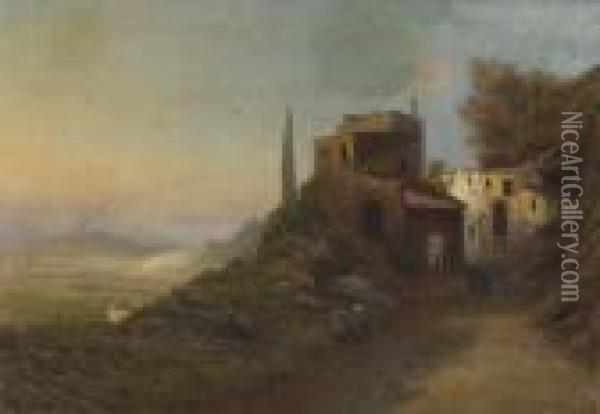 Blick Von Einer Italienischen Villa In Eine Ebene Mit Vulkan Oil Painting - Caesar Bimmermann