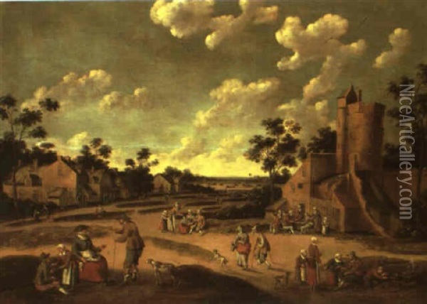 Village Street Scene With Figures Conversing And A Group Of Topers Oil Painting - Cornelis Droochsloot