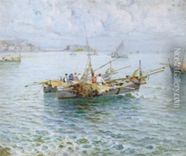Barche Di Pescatori Nel Golfo Di Napoli Oil Painting - Giovanni Gianni