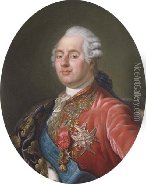 King Louis Xvi Of France Wearing The Order Of The Golden Fleece, The Order Of Saint Esprit And The Order Of Saint Louis, With An Embroidered Drape Over His Right Shoulder Oil Painting - Joseph Boze