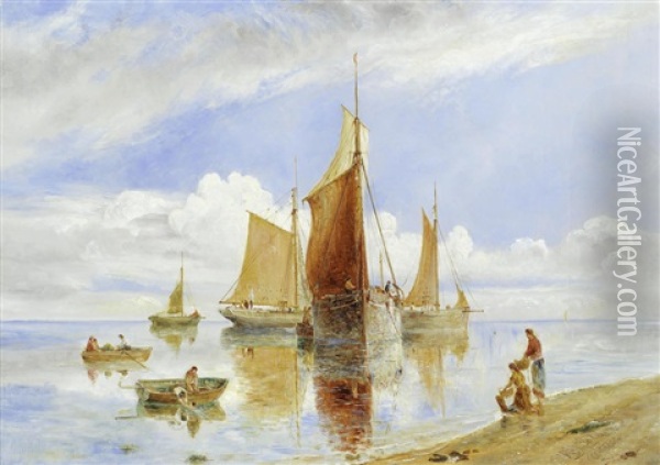 Moored Fishing Boats In A Calm Oil Painting - William Joseph J. C. Bond