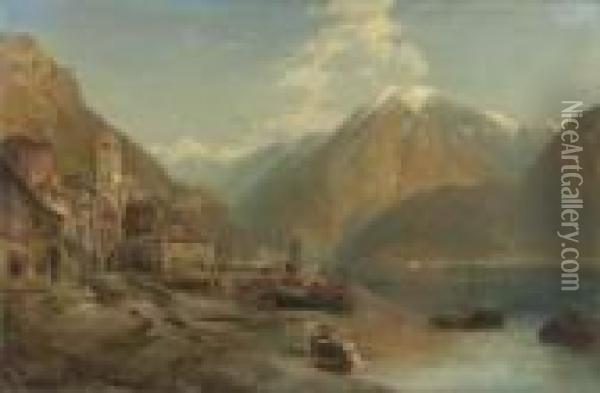European Lake Scene Oil Painting - Thomas Moran
