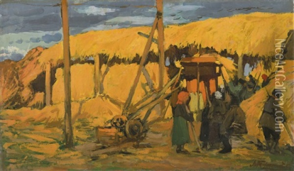 Threshing Oil Painting - Leonard (Leonid) Viktorovich Turzhansky