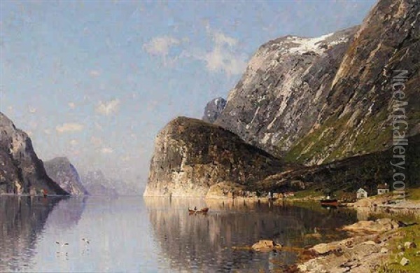 Norsk Fjord (a Norwegian Fjord) Oil Painting - Adelsteen Normann
